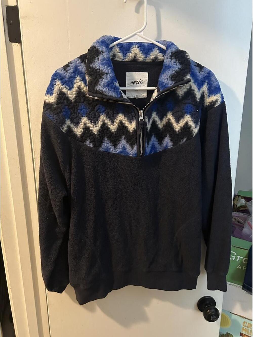 Aerie Hometown Holiday blue chevron quarter zip fleece sweatshirt size XS